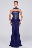 Sparkly Sequin Navy Ruched Mermaid Long Formal Dress with Neck Scarf