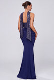 Sparkly Sequin Navy Ruched Mermaid Long Formal Dress with Neck Scarf