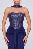 Sparkly Sequin Navy Ruched Mermaid Long Formal Dress with Neck Scarf