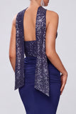 Sparkly Sequin Navy Ruched Mermaid Long Formal Dress with Neck Scarf