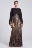 Sparkly Black Sequins Bateau Neck Long Formal Dress with Cape