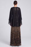 Sparkly Black Sequins Bateau Neck Long Formal Dress with Cape
