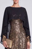 Sparkly Black Sequins Bateau Neck Long Formal Dress with Cape