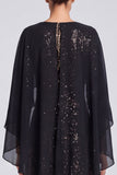 Sparkly Black Sequins Bateau Neck Long Formal Dress with Cape
