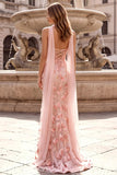 Pink Mermaid Strapless Floral Embroidery Long Prom Dress with Appliques