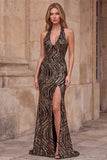 Halter V-Neck Black Sequins Sheath Long Prom Dress with High Side Slit