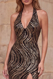Halter V-Neck Black Sequins Sheath Long Prom Dress with High Side Slit