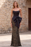 Black Strapless Mermaid Corset Sequins Long Prom Dress with Oversized Satin Bow
