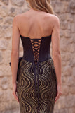 Black Strapless Mermaid Corset Sequins Long Prom Dress with Oversized Satin Bow