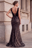 Black Mermaid V-Neck Velvet Sequins Long Prom Dress