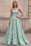 Light Green A-Line Strapless Sequins Floral Long Prom Dress