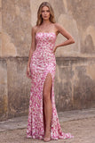 Sparkly Pink Sequins Strapless Mermaid Long Prom Dress with Slit