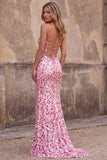 Sparkly Pink Sequins Strapless Mermaid Long Prom Dress with Slit