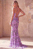 Purple Mermaid Ruched Cut Out Spaghetti Straps Long Prom Dress with Floral Embroidery