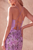 Purple Mermaid Ruched Cut Out Spaghetti Straps Long Prom Dress with Floral Embroidery