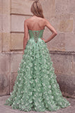 Green Corset A-Line Strapless Satin Maxi Prom Dress with 3D Flower Appliques
