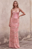 Pink Corset Sheath Sequins Beaded Strapless Long Prom Dress with Tiered Fringes