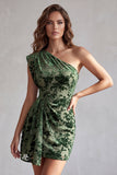 Eucalyptus One Shoulder Velvet Ruched Bodycon Short Cocktail Dress with Draping