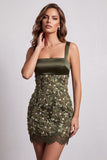 Olive Square Neck Satin Appliques Sequins Lace Bodycon Short Cocktail Dress