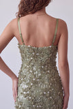 Olive Sequins Floral Appliques Spaghetti Straps Bodycon Short Cocktail Dress