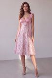 Sparkly Pink A-Line Thick Straps Ruched Sequins Floral Midi Wedding Guest Dress