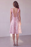 Sparkly Pink A-Line Thick Straps Ruched Sequins Floral Midi Wedding Guest Dress