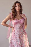 Sparkly Pink A-Line Thick Straps Ruched Sequins Floral Midi Wedding Guest Dress