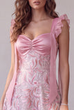 Sparkly Pink A-Line Thick Straps Ruched Sequins Floral Midi Wedding Guest Dress