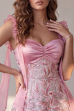Sparkly Pink A-Line Thick Straps Ruched Sequins Floral Midi Wedding Guest Dress