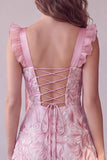 Sparkly Pink A-Line Thick Straps Ruched Sequins Floral Midi Wedding Guest Dress