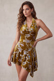 Mustard Gold Floral Printed Velvet Halter Asymmetrical High Low Short Cocktail Dress