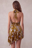Mustard Gold Floral Printed Velvet Halter Asymmetrical High Low Short Cocktail Dress