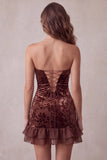 Chocolates Bodycon Strapless Ruffled Velvet Floral Short Cocktail Dress