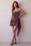Burgundy Velvet Printed Strapless Bodycon Short Cocktail Dress with Draping