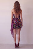 Burgundy Velvet Printed Strapless Bodycon Short Cocktail Dress with Draping
