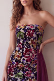 Burgundy Velvet Printed Strapless Bodycon Short Cocktail Dress with Draping