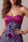 Fuchsia A-Line Satin Strapless Floral Short Cocktail Dress