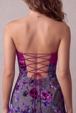 Fuchsia A-Line Satin Strapless Floral Short Cocktail Dress