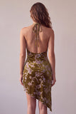Mustard Gold Velvet Halter Asymmetrical High Low Halter Printed Short Cocktail Dress