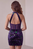 Dark Purple Corset High Neck Sheer Bodycon Velvet Short Cocktail Dress