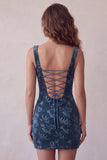 Navy Printed Bodycon Square Neck Short Cocktail Dress