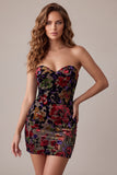 Burgundy Bodycon Velvet Strapless Printed Short Cocktail Dress