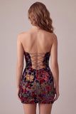 Burgundy Bodycon Velvet Strapless Printed Short Cocktail Dress