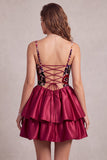 Red Corset Velvet Bubble Hem Tiered Ruffle A-Line Short Cocktail Dress with 3D Flower