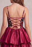 Red Corset Velvet Bubble Hem Tiered Ruffle A-Line Short Cocktail Dress with 3D Flower