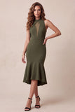 Olive Mermaid High Neck High Low Tulle Midi Formal Dress