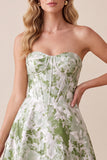 Sage Green Corset A-Line Strapless Printed Maxi Formal Dress