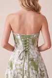 Sage Green Corset A-Line Strapless Printed Maxi Formal Dress