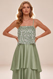 Light Green Tiered Spaghetti Straps High-Low Satin Formal Dress with Feathers