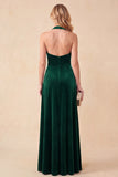 Dark Green A-Line Halter Velvet V-Neck Ruched Maxi Formal Dress